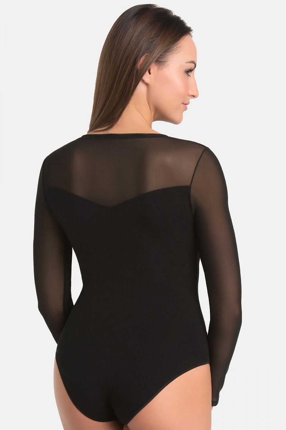 Elegant Women's Long-Sleeved White Bodysuit with Sweetheart Neckline and Mesh Detailing