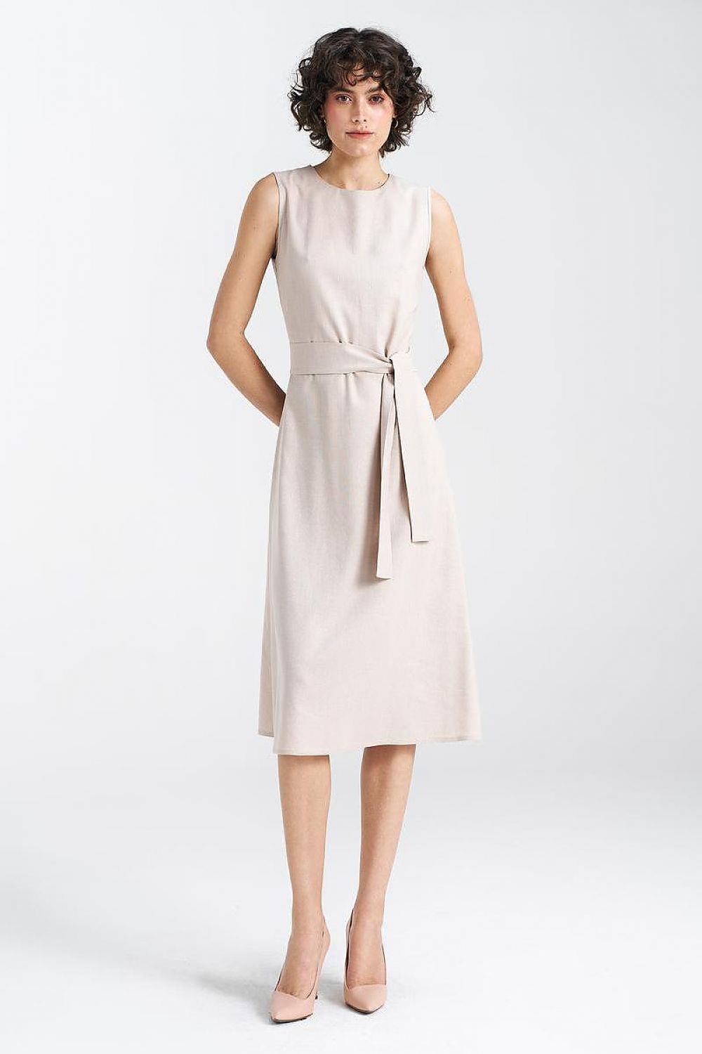 Women's Sleeveless Midi Daydress by Nife – Elegant Viscose, Linen & Cotton Blend with Waist Belt