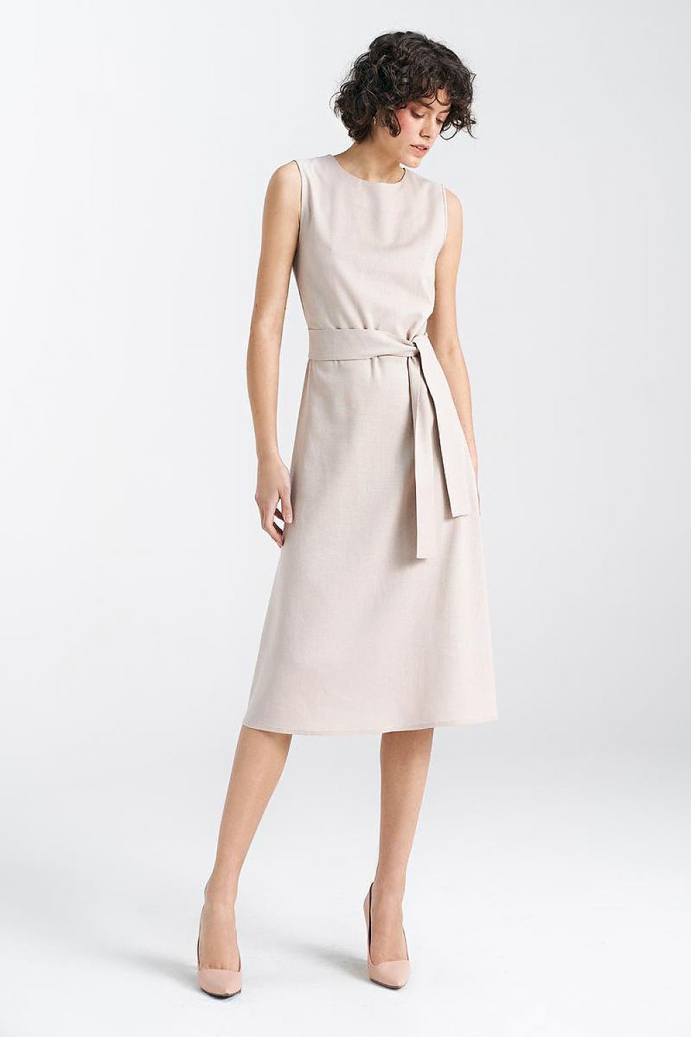 Women's Sleeveless Midi Daydress by Nife – Elegant Viscose, Linen & Cotton Blend with Waist Belt