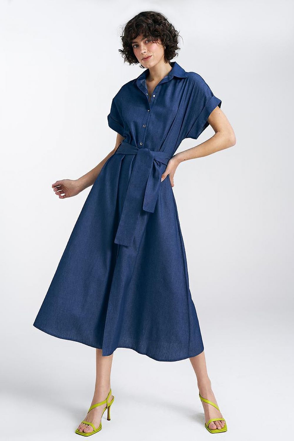 Nife Cotton Midi Daydress with V-Neck, Tie Belt, and Kimono Sleeves - Elegant Summer Wear