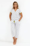 Elegant Floral Print Women's Pyjama Set - 100% Cotton, V-Neck Shirt & 7/8 Length Trousers