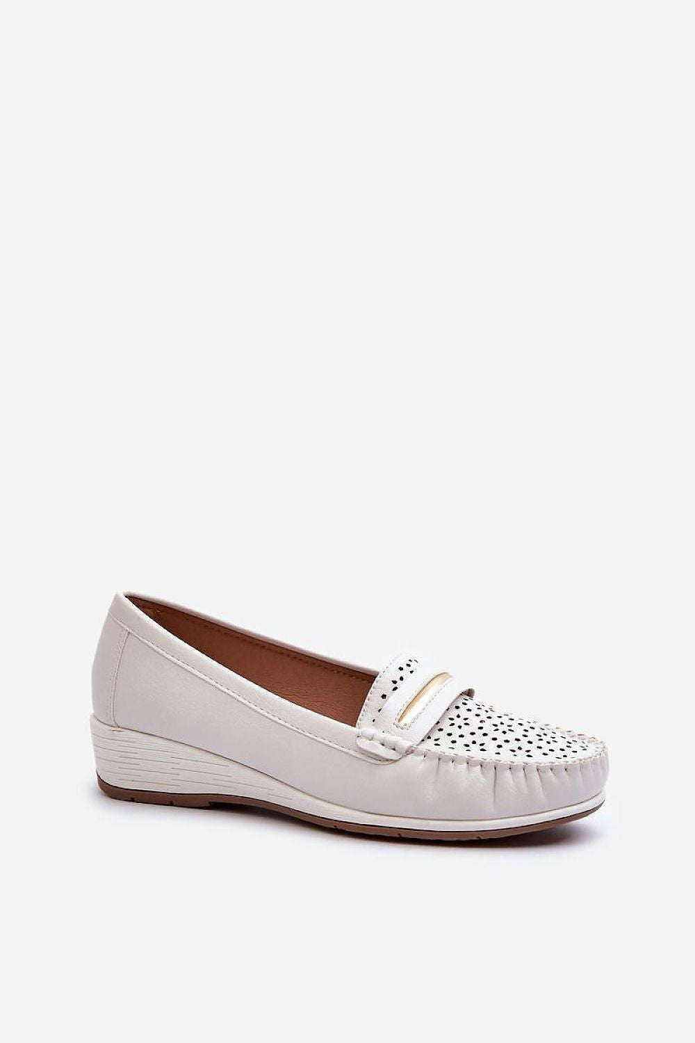 Women's Eco Leather Moccasins with Light Wedge Heel and Unique Perforated Design in White