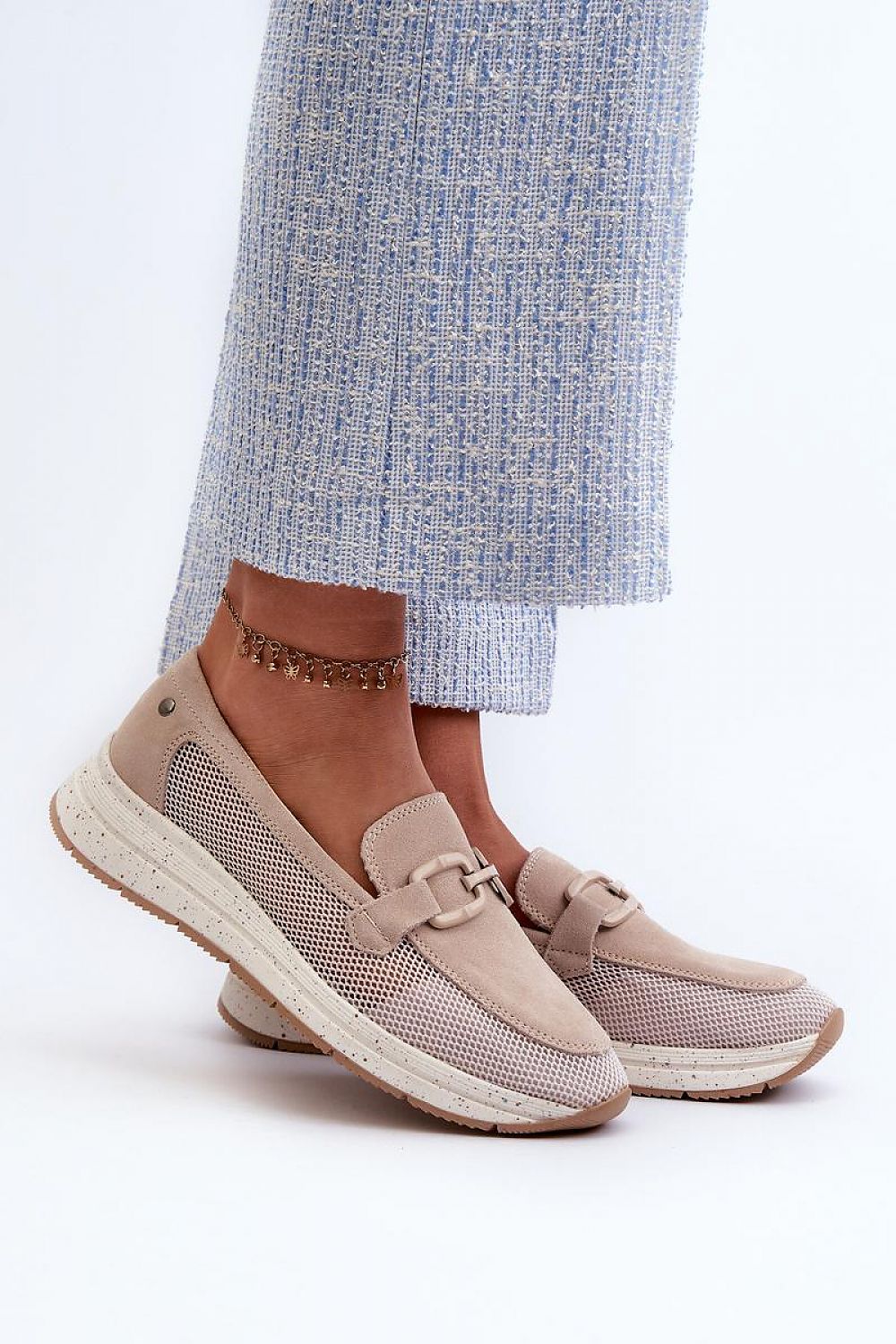 Elegant Women's Moccasins in Natural Leather with Decorative Buckle and Comfort Wedge Sole