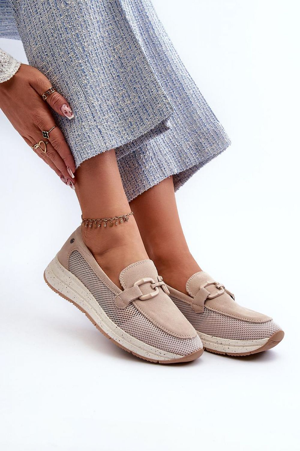 Elegant Women's Moccasins in Natural Leather with Decorative Buckle and Comfort Wedge Sole