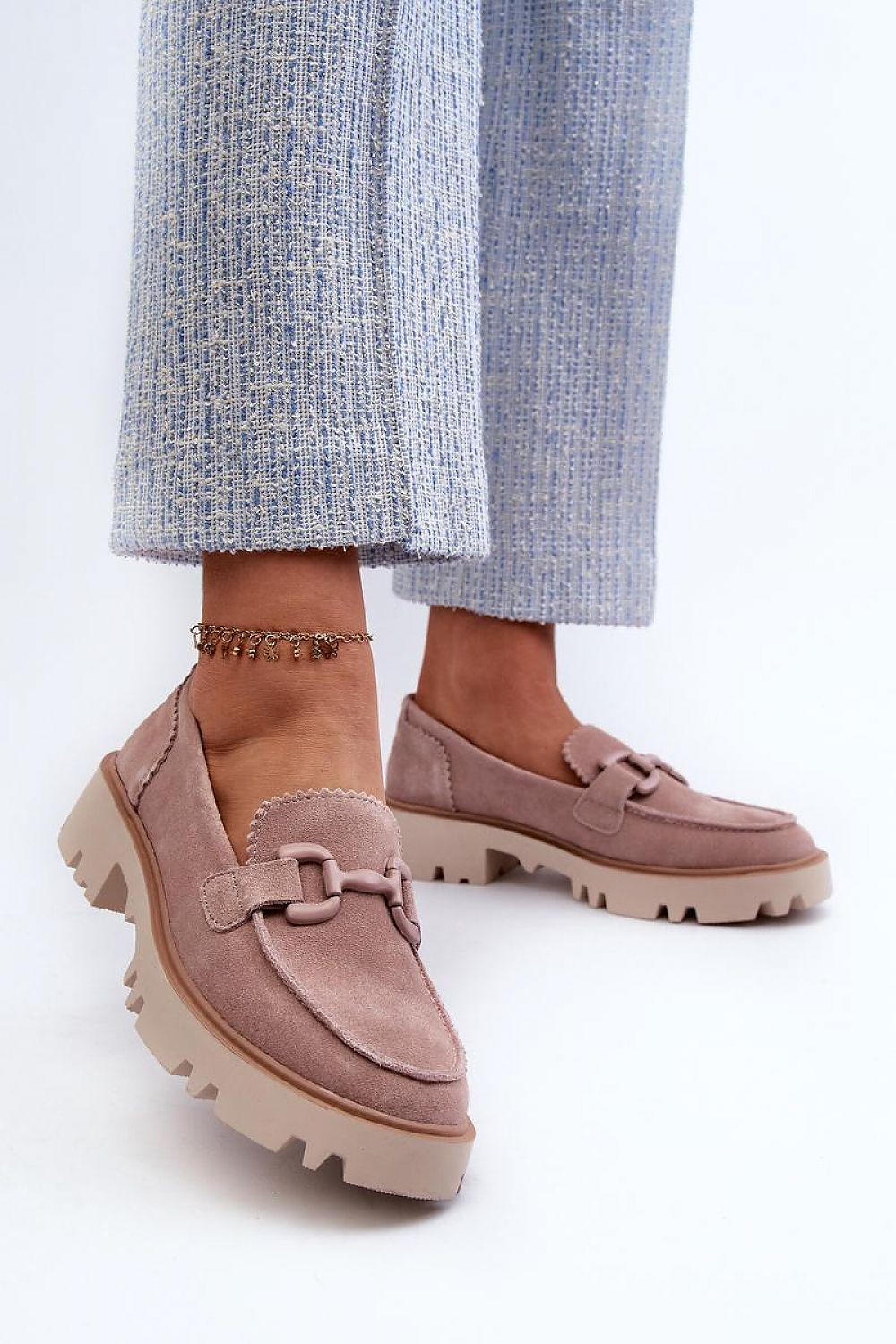 Women's Suede Loafers with Decorative Detail - Elegant Step-In Style, 4cm Flat Heel