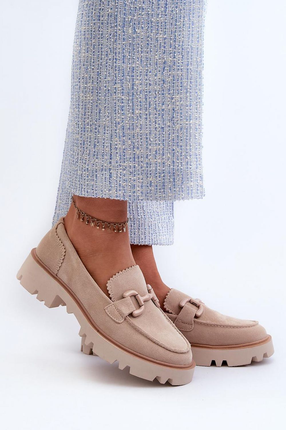 Women's Suede Loafers with Decorative Detail - Elegant Step-In Style, 4cm Flat Heel