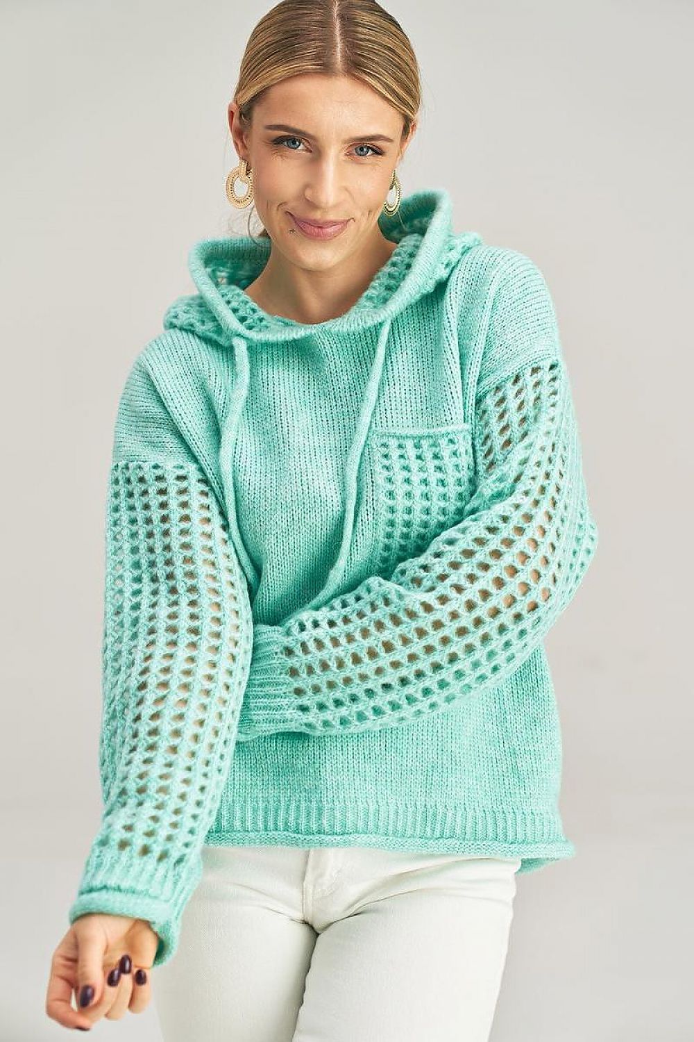 Elegant Long-Sleeved Hooded Jumper with Fashionable Decorative Pocket by Figl