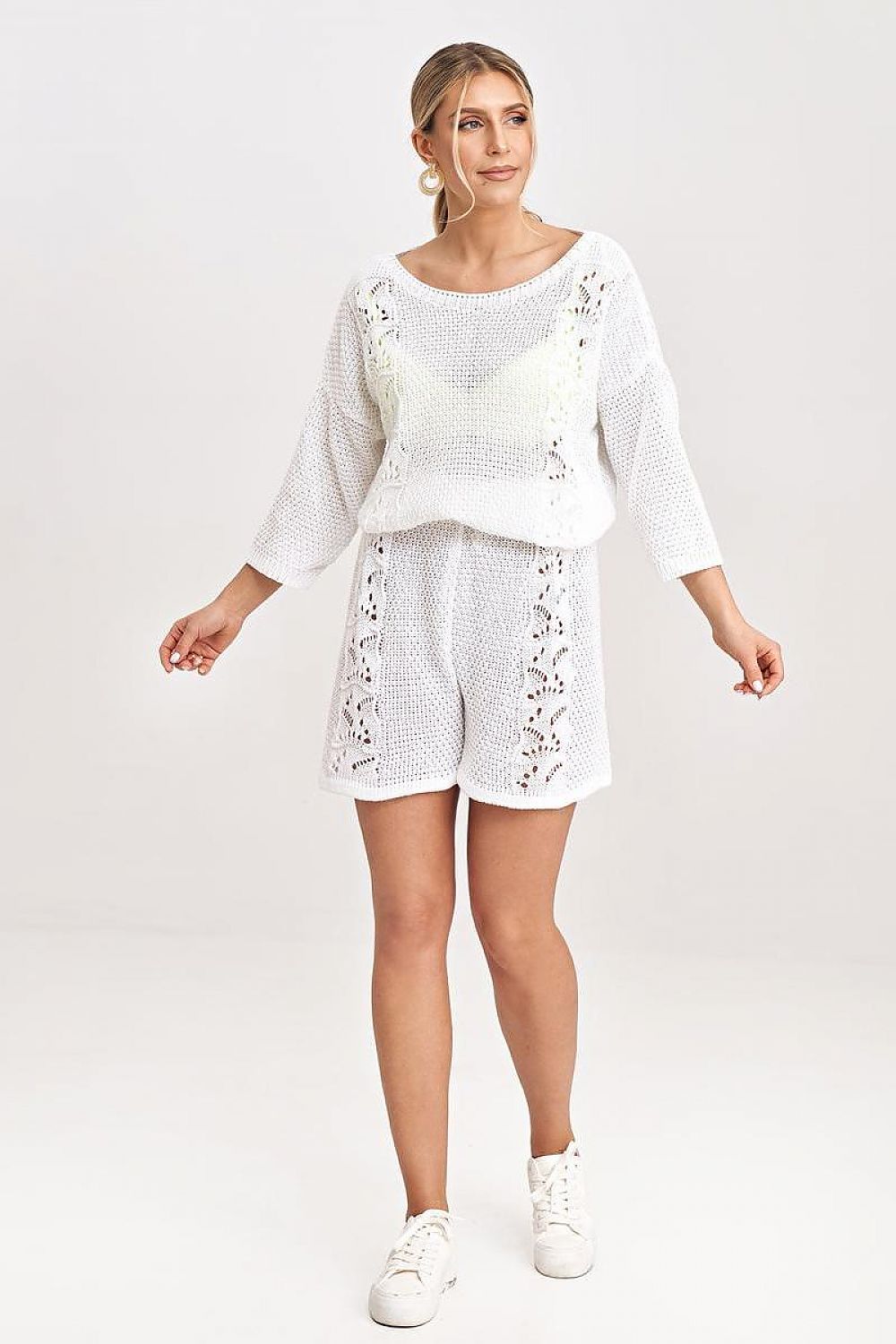 Elegant Figl Two-Piece Blouse and Shorts Set with Knitted Inserts and Openwork Detailing