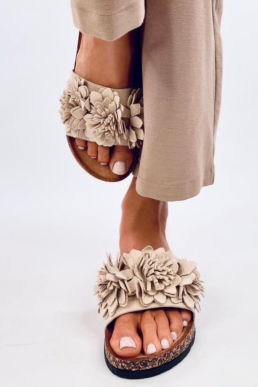 Women's Eco-Friendly Suede Slides with Cork Insole and Floral Detail - Summer Comfort Flip-Flops