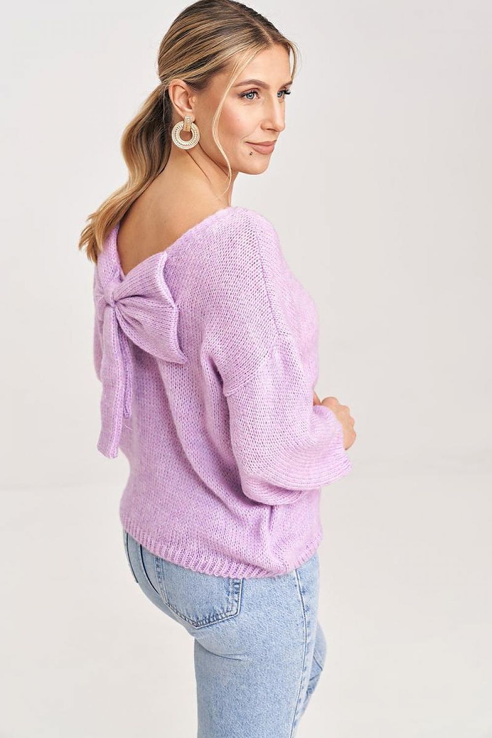 Figl Elegant V-Cut Back Jumper with Decorative Bow and 3/4 Length Sleeves