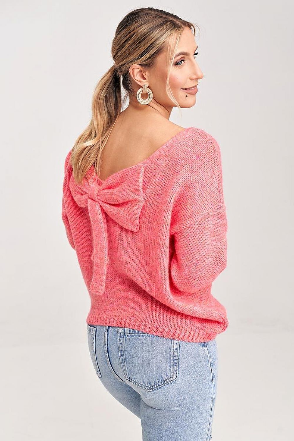 Figl Elegant V-Cut Back Jumper with Decorative Bow and 3/4 Length Sleeves