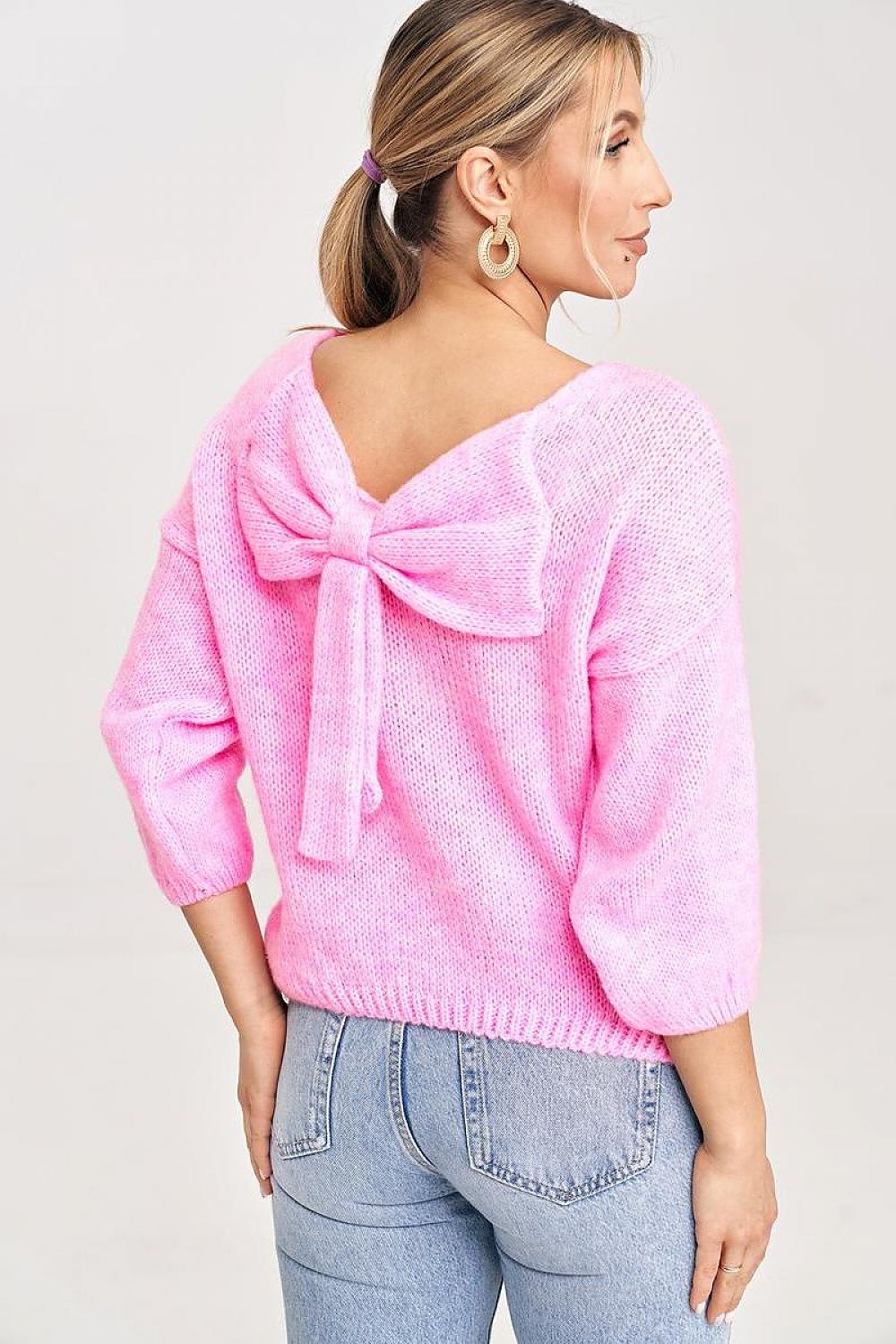 Figl Elegant V-Cut Back Jumper with Decorative Bow and 3/4 Length Sleeves