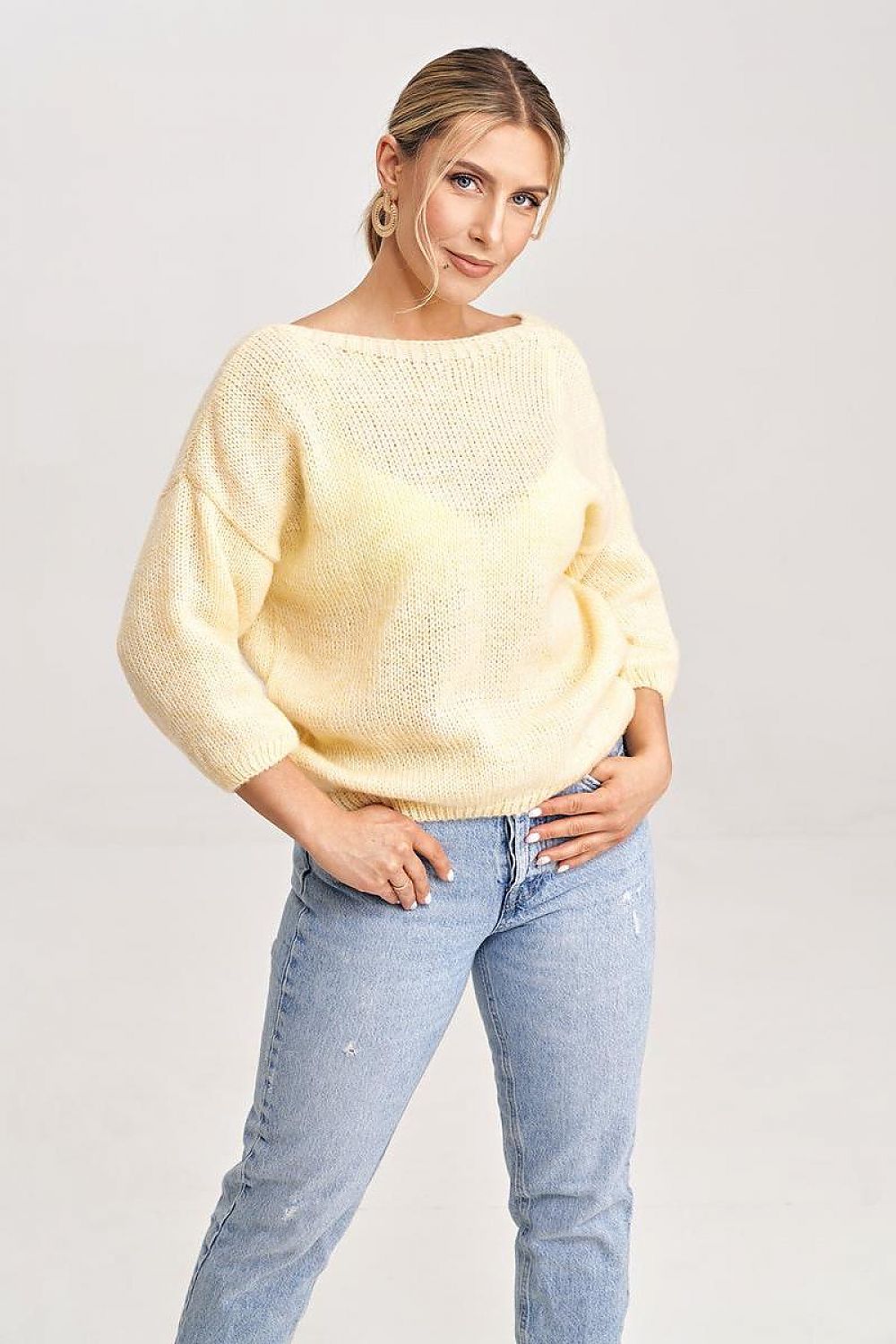 Figl Elegant V-Cut Back Jumper with Decorative Bow and 3/4 Length Sleeves