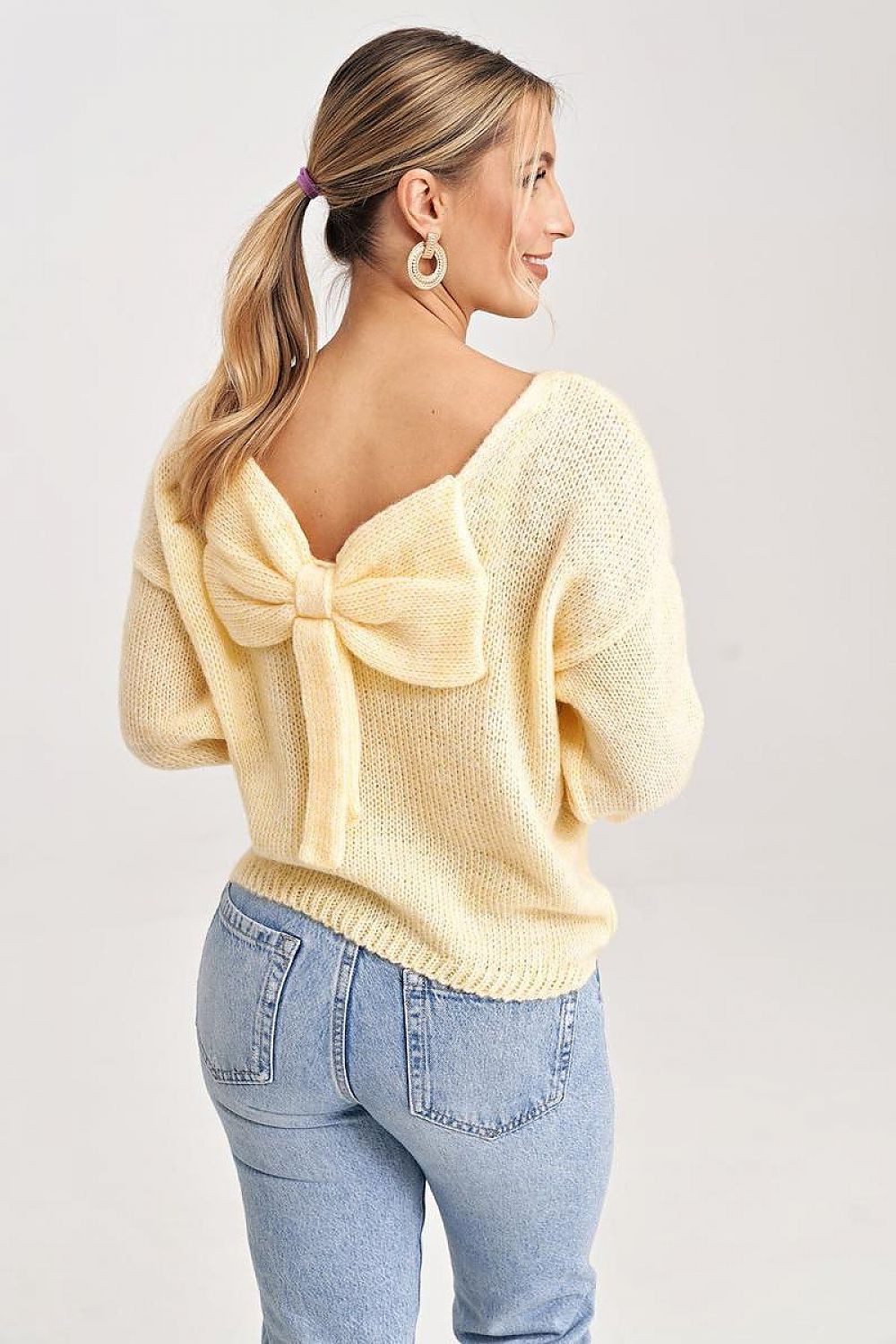 Figl Elegant V-Cut Back Jumper with Decorative Bow and 3/4 Length Sleeves