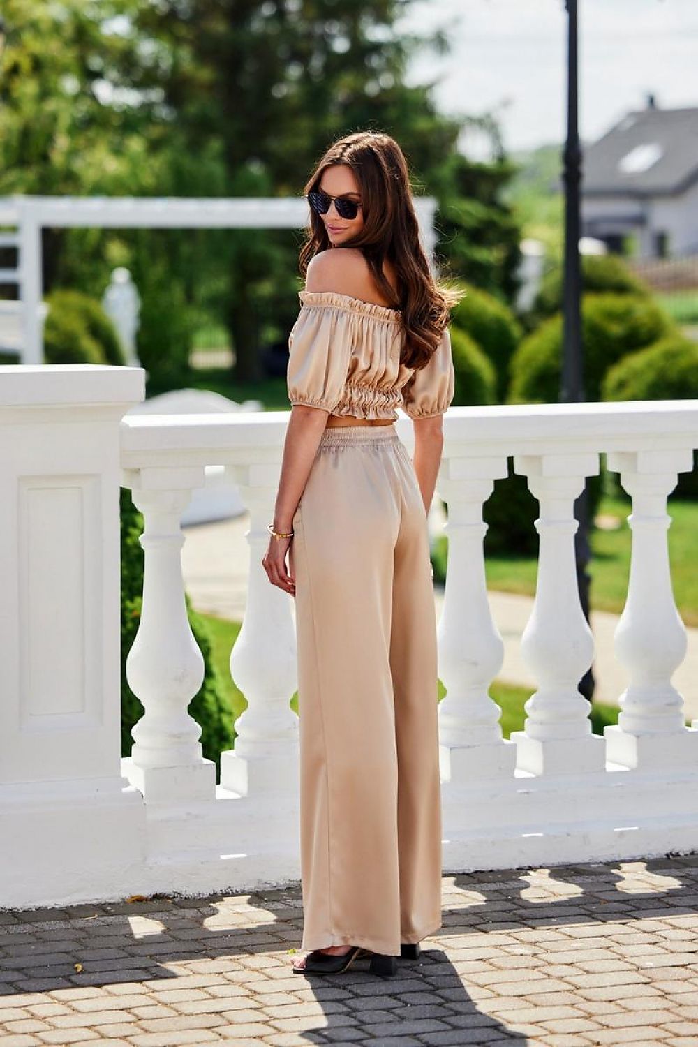 Luxury Satin Tarifa Trousers with Elastic Waist and Flared Legs by Roco Fashion