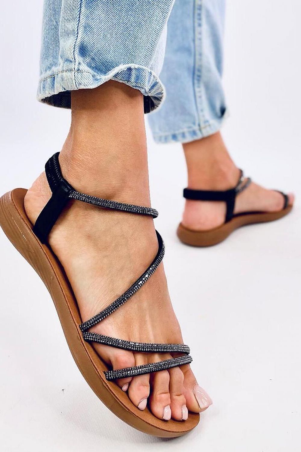 Elegant Women's Flat Sandals With Cubic Zirconia Straps | Synthetic Leather Comfort