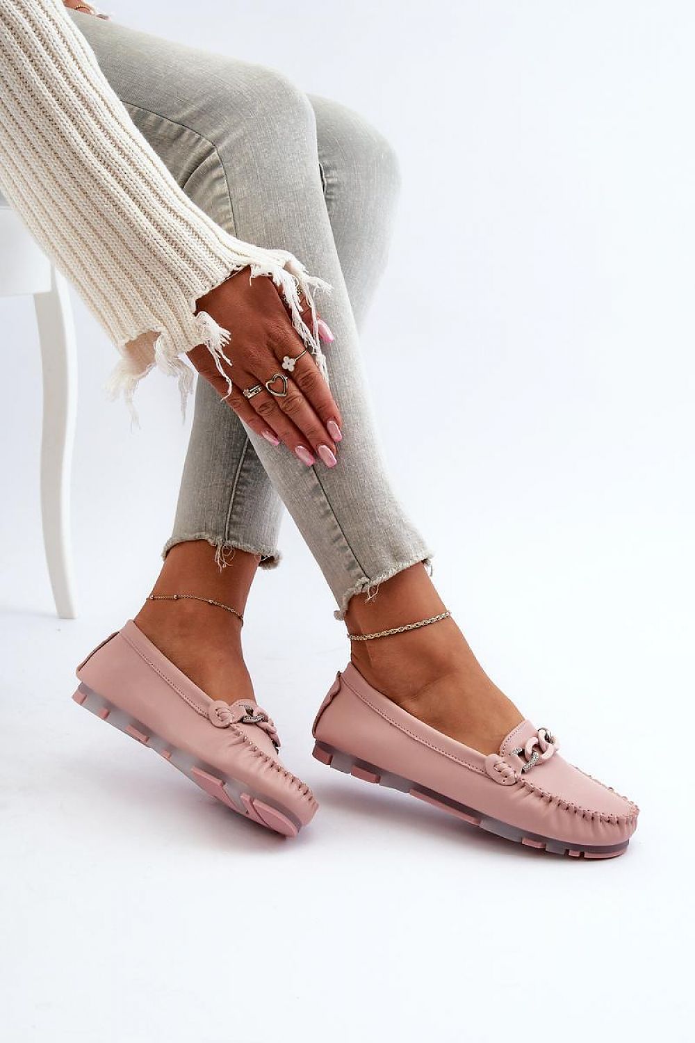 S.Barski Women's Leather Moccasins with Decorative Chain - Comfort & Style in Every Step