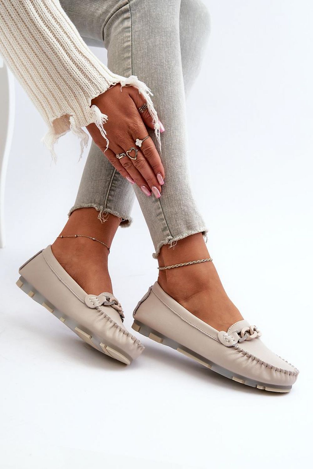 S.Barski Women's Leather Moccasins with Decorative Chain - Comfort & Style in Every Step