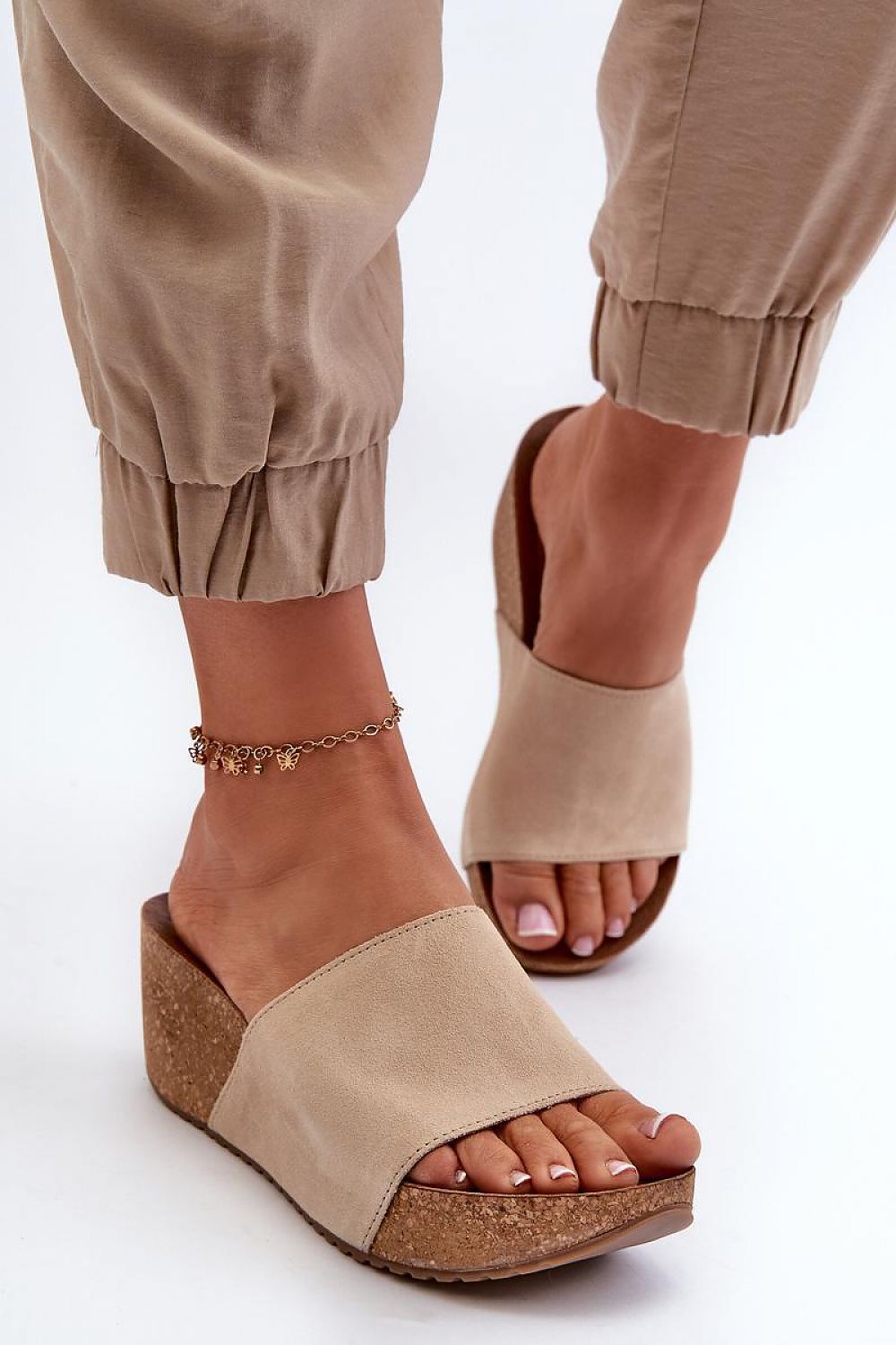 Women's Luxury Cork Wedge Sandals in Genuine Suede - 7cm Heel for Summer Elegance