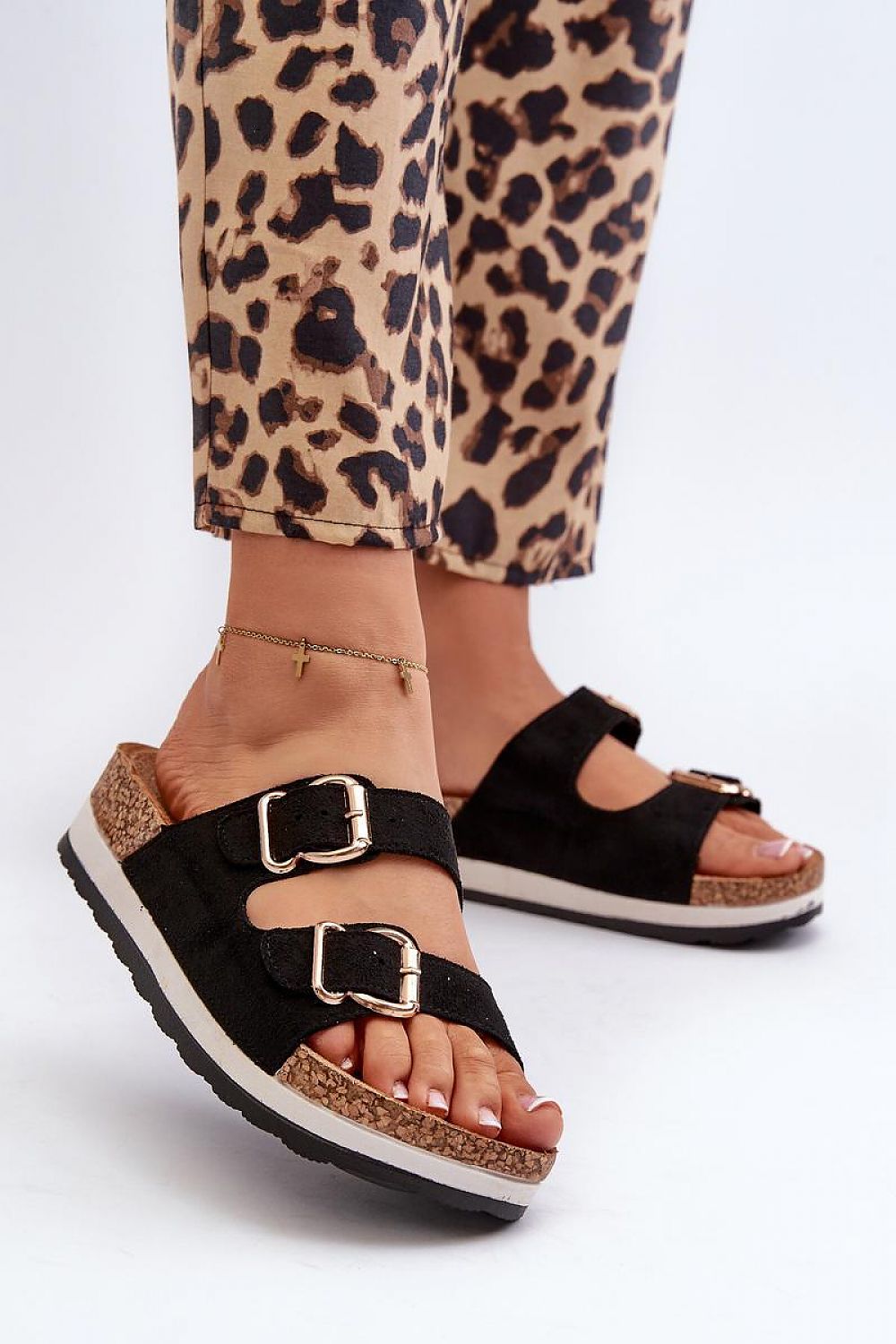 Women's Luxury Adjustable Platform Flip Flops in Eco Suede with Gold Buckles - Step In Style