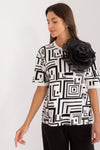 Elegant Viscose Blouse With Geometric Pattern And Fabric Flower Brooch for Modern Women