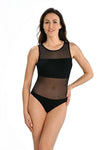 Elegant Black Viscose Bodysuit with Wide Mesh Straps and Hook-and-Eye Closure by Teyli