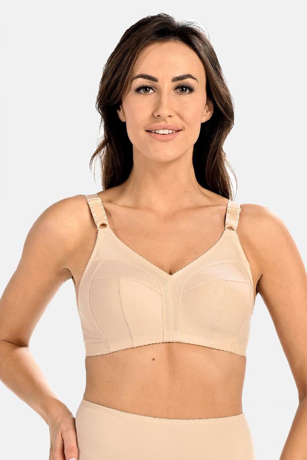 Luxurious Underwire-Free Beige Bra with Cotton Lining and Adjustable Front Straps for Comfort