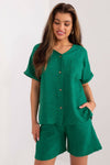 Elegant Women's Cotton-Polyester Casual Set with V-Neck Shirt and High-Waisted Shorts