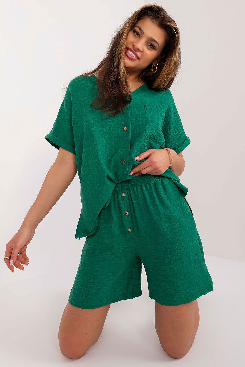 Elegant Women's Cotton-Polyester Casual Set with V-Neck Shirt and High-Waisted Shorts