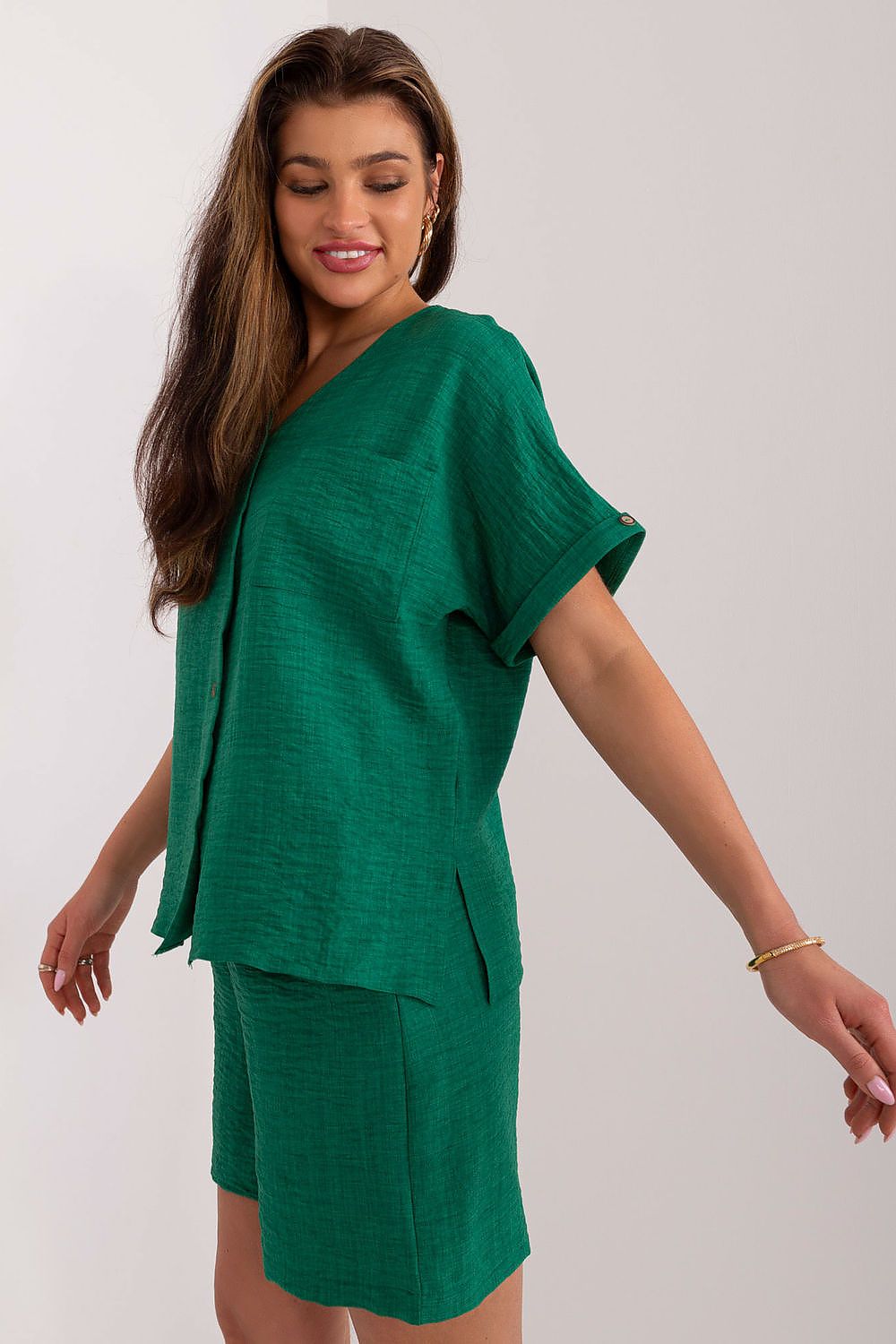 Elegant Women's Cotton-Polyester Casual Set with V-Neck Shirt and High-Waisted Shorts