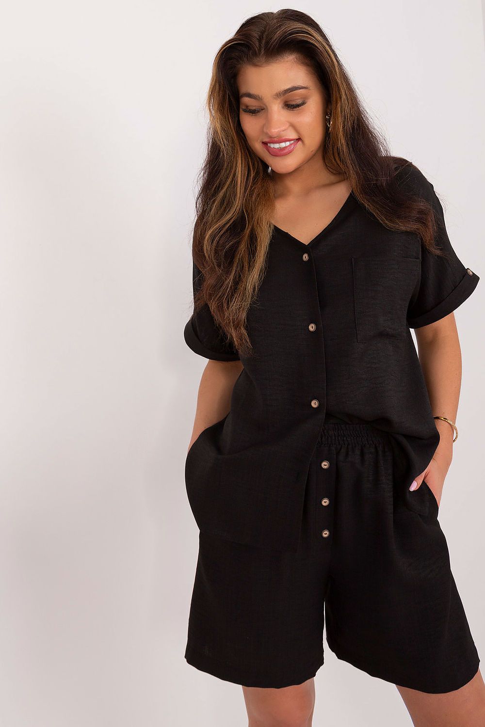Elegant Women's Cotton-Polyester Casual Set with V-Neck Shirt and High-Waisted Shorts