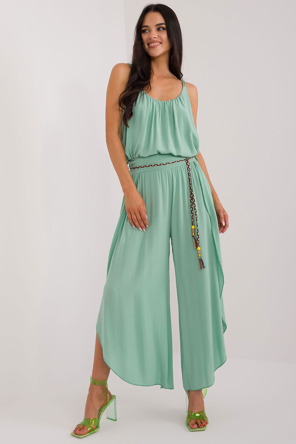 Och Bella Women's High-Waist Trousers with Decorative Waist Tie - Airy Viscose Style