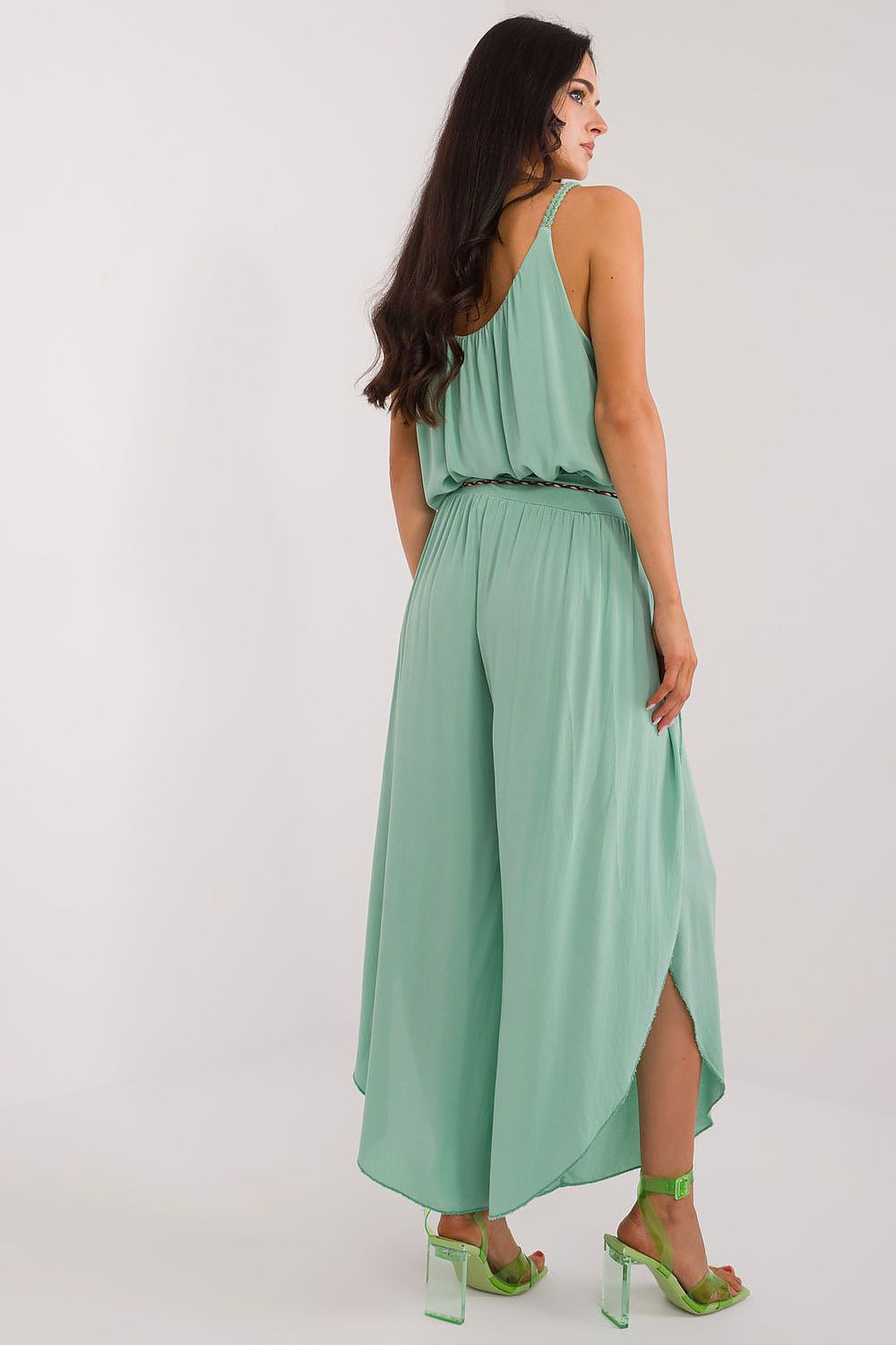 Och Bella Women's High-Waist Trousers with Decorative Waist Tie - Airy Viscose Style