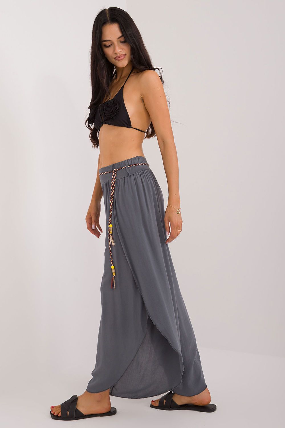 Och Bella Women's High-Waist Trousers with Decorative Waist Tie - Airy Viscose Style
