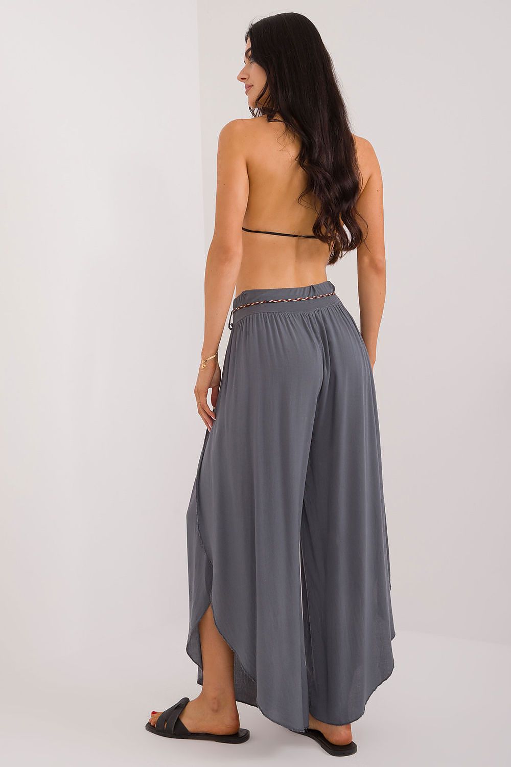 Och Bella Women's High-Waist Trousers with Decorative Waist Tie - Airy Viscose Style