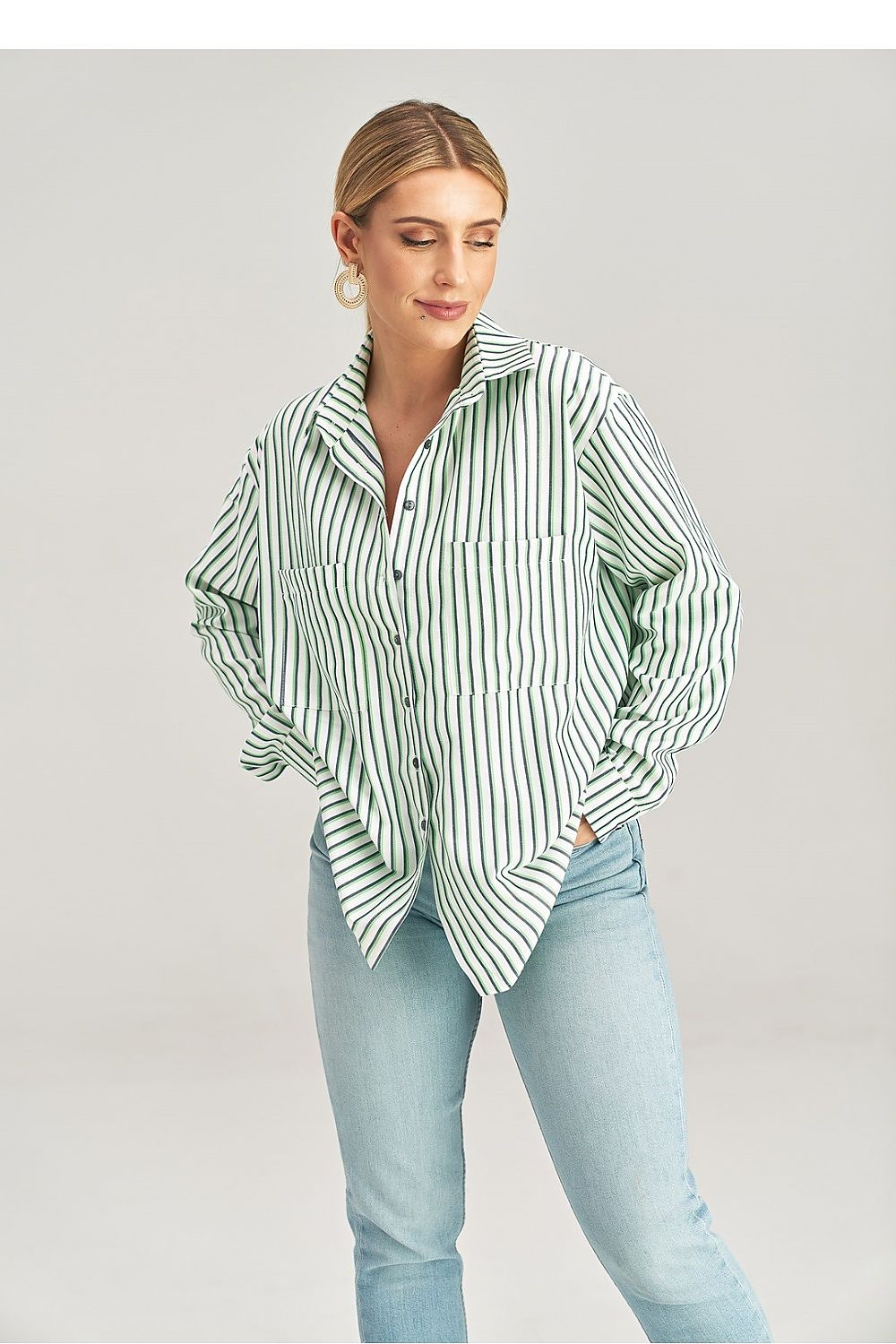 Asymmetrical Long Sleeve Shirt With Decorative Buttons and Pockets by Figl