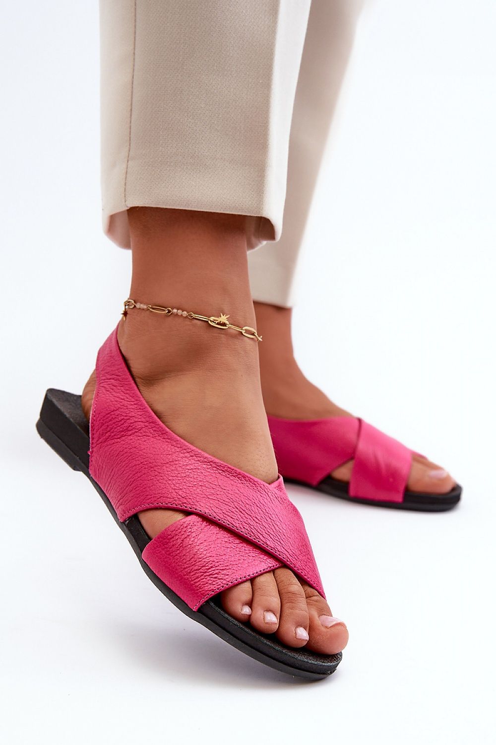 Elegant Natural Leather Women's Sandals With Open Heel And Toe, Comfortable Flat Design