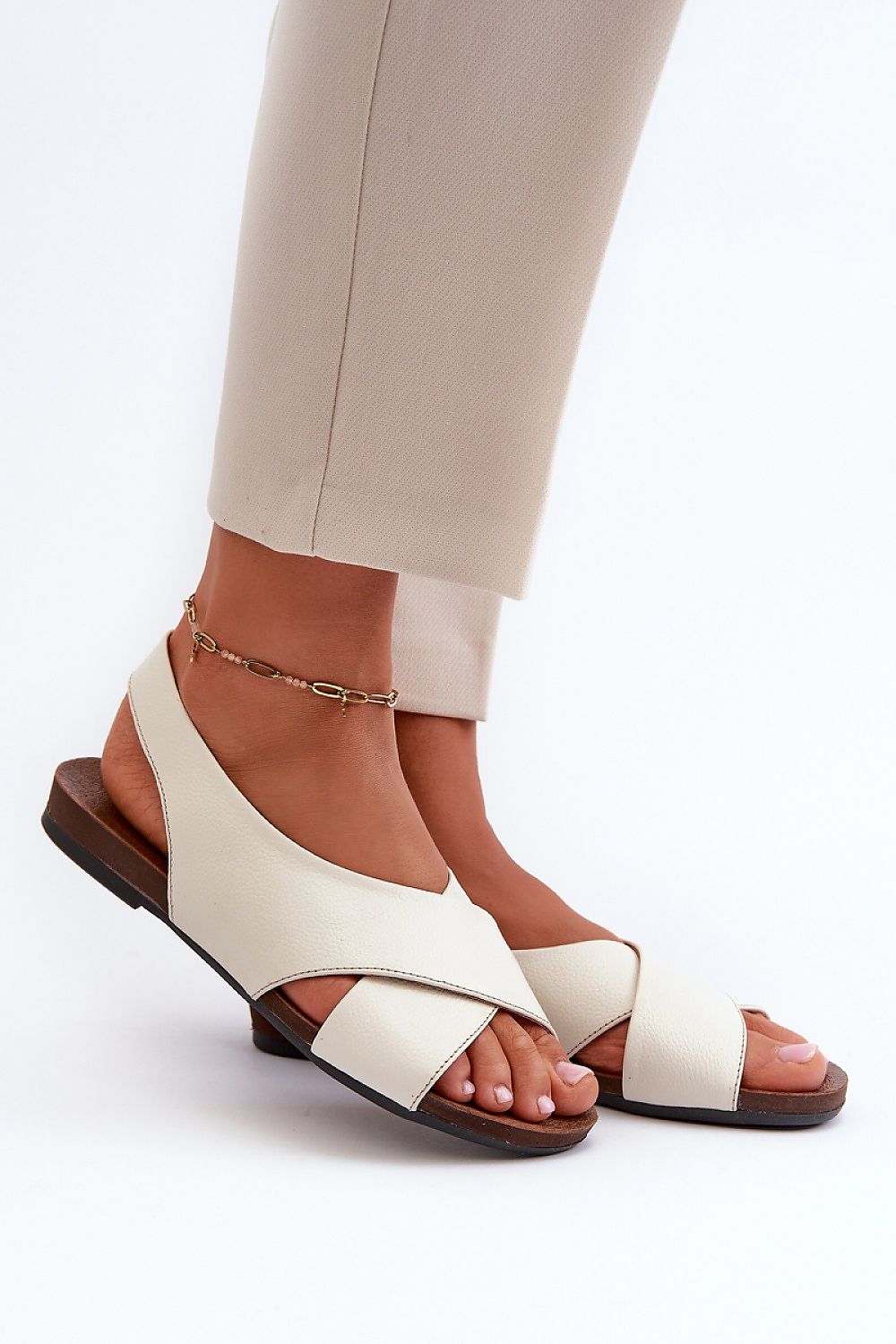 Elegant Natural Leather Women's Sandals With Open Heel And Toe, Comfortable Flat Design