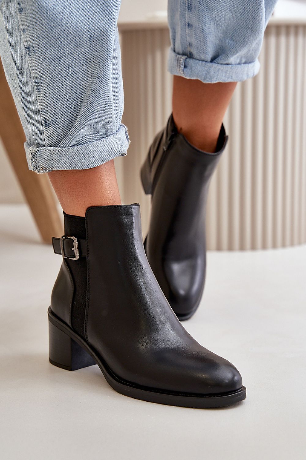 Elegant Women's Eco Leather Ankle Boots with Zipper And Buckle Detail - Perfect for Autumn & Winter