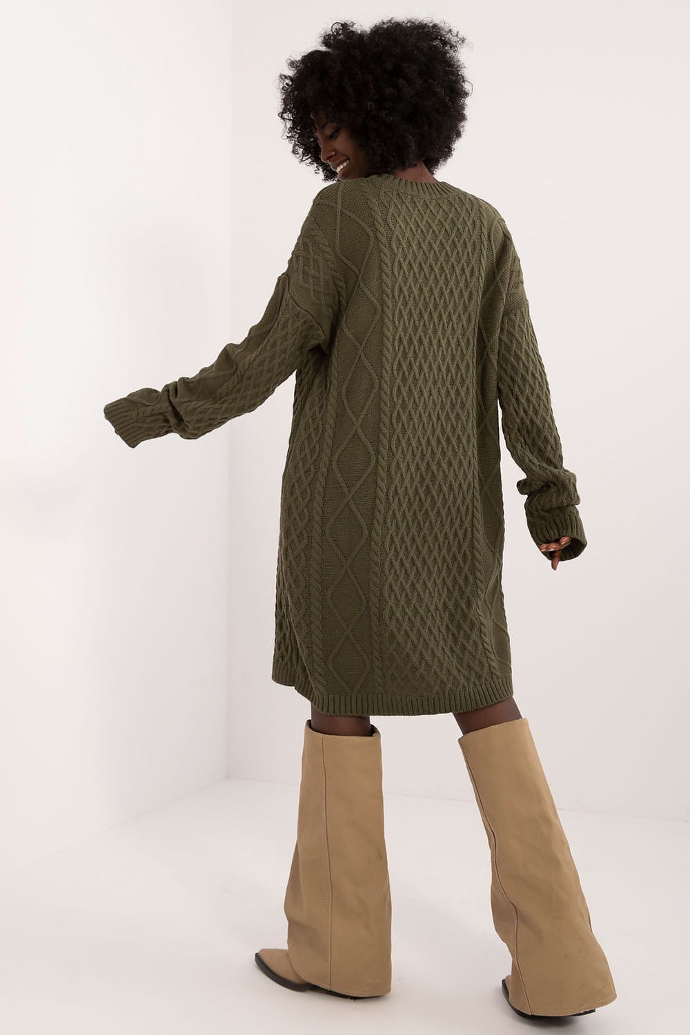 Luxurious Knee-Length Daydress By Badu - Comfortable Acrylic-Wool Blend, Long Sleeves, Elegant Round Neckline