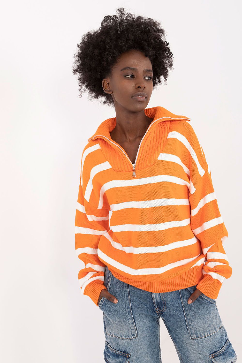 Luxury Women's Striped Turtleneck Sweater with Button-Up Collar, Acrylic-Wool Blend, Everyday Style
