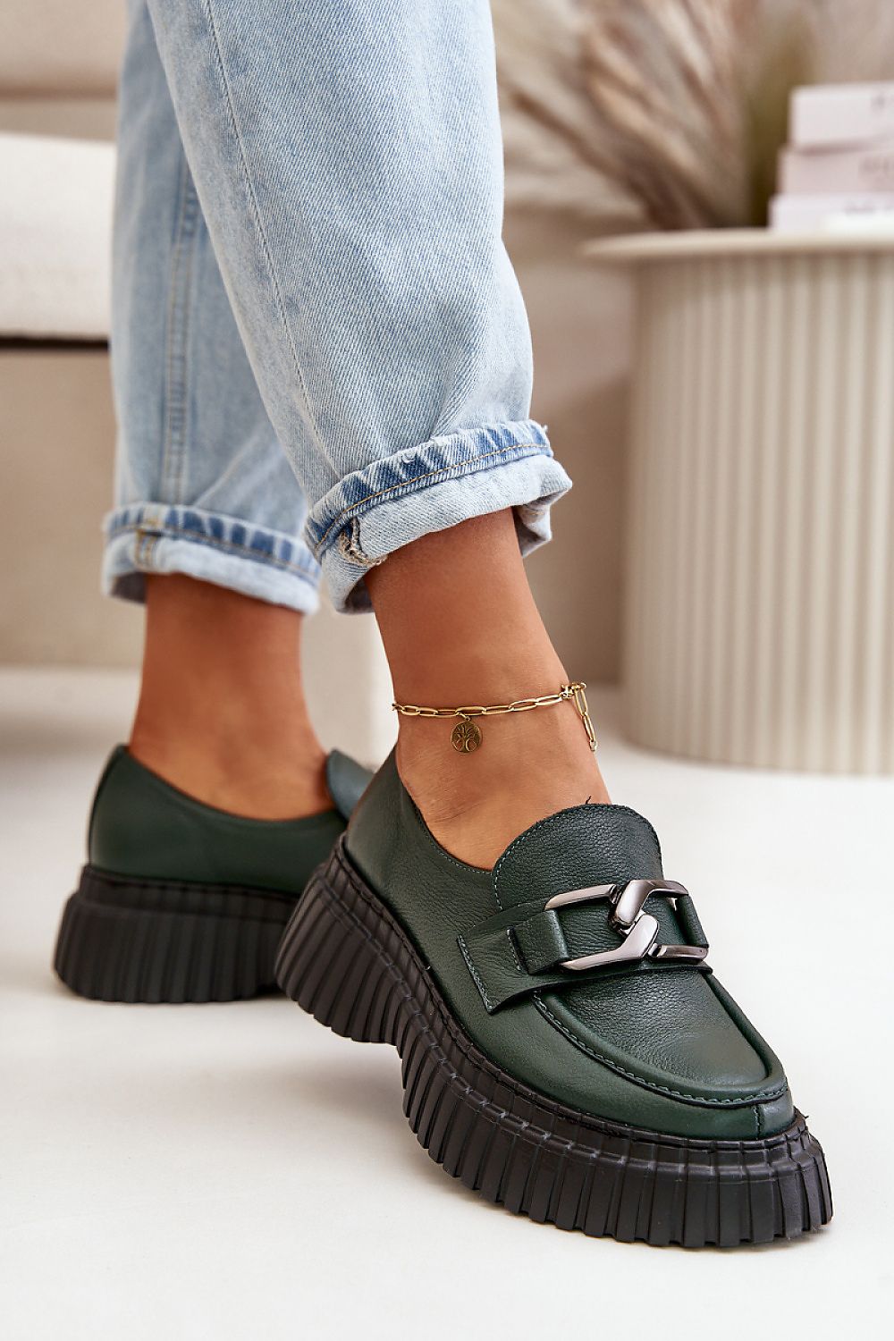 Women's Semi-Formal Leather Half Shoes with Chunky Platform and Decorative Chain Detail
