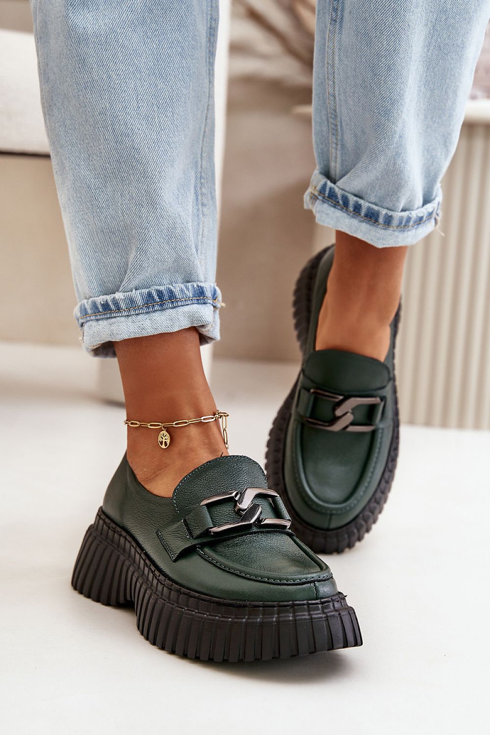 Women's Semi-Formal Leather Half Shoes with Chunky Platform and Decorative Chain Detail