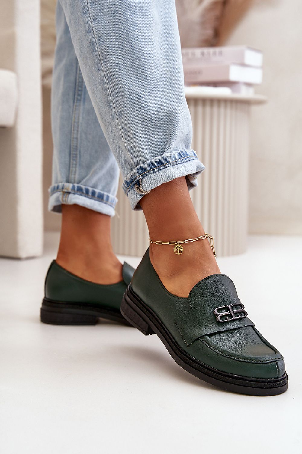 Elegant Women's Leather Half Shoes with Decorative Strap and Supportive Reinforced Heel