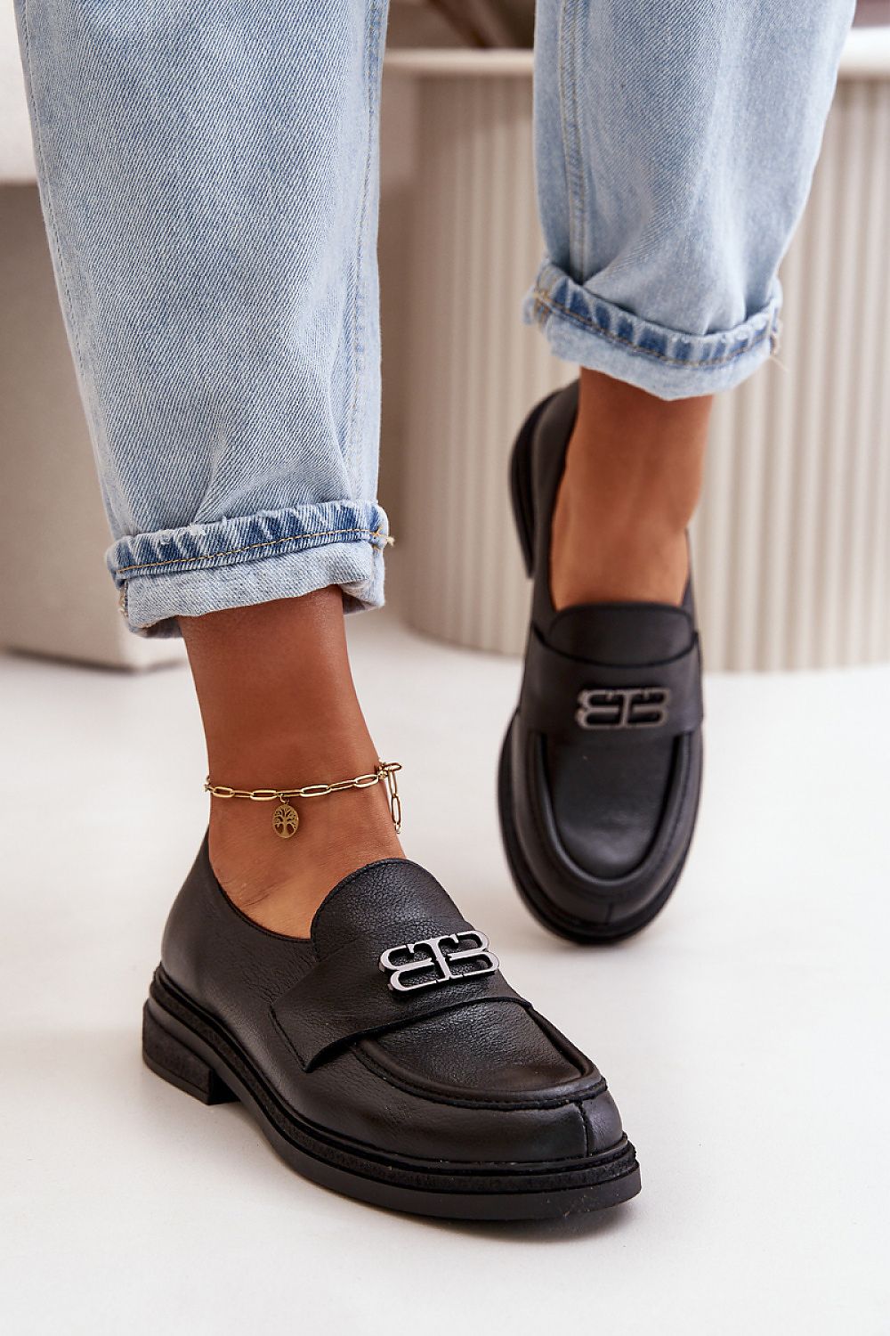 Elegant Women's Leather Half Shoes with Decorative Strap and Supportive Reinforced Heel