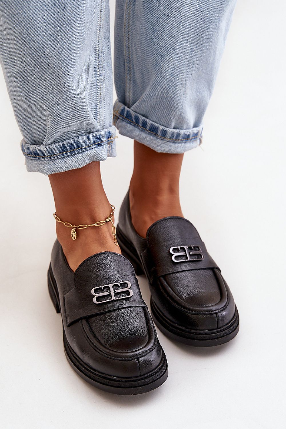 Elegant Women's Leather Half Shoes with Decorative Strap and Supportive Reinforced Heel