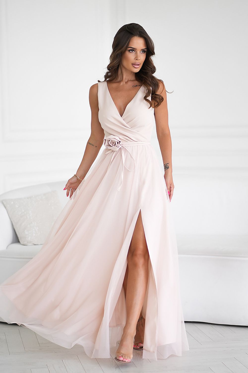 Elegant Long Dress by Bicotone with Slit and Versatile Rose Belt - Perfect for Any Occasion