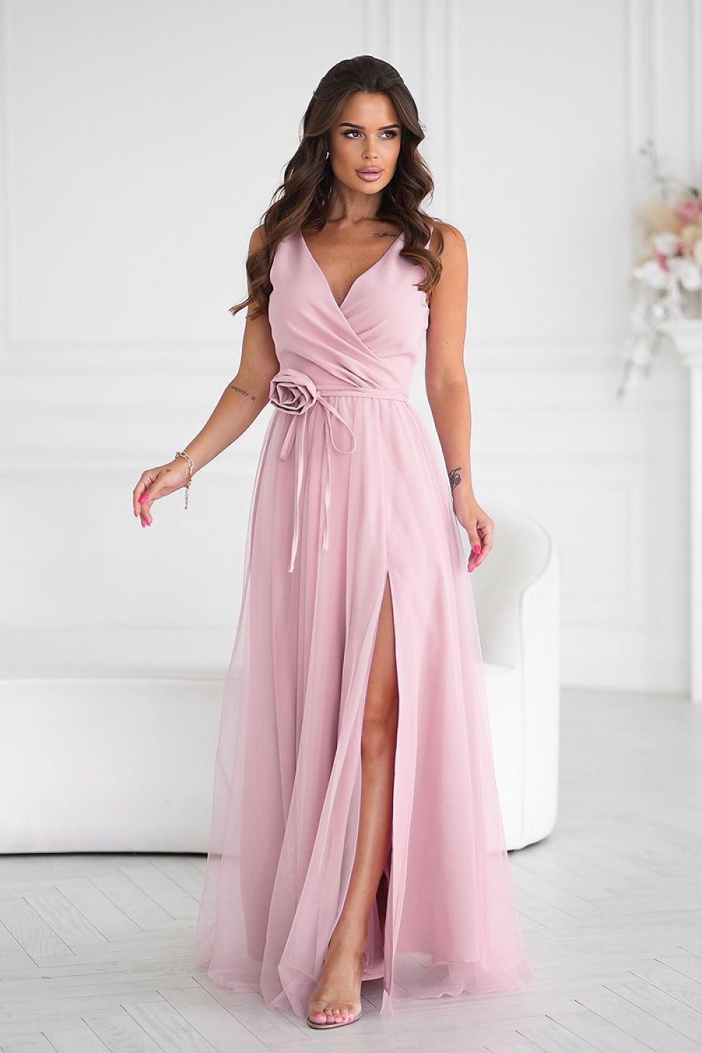 Elegant Long Dress by Bicotone with Slit and Versatile Rose Belt - Perfect for Any Occasion
