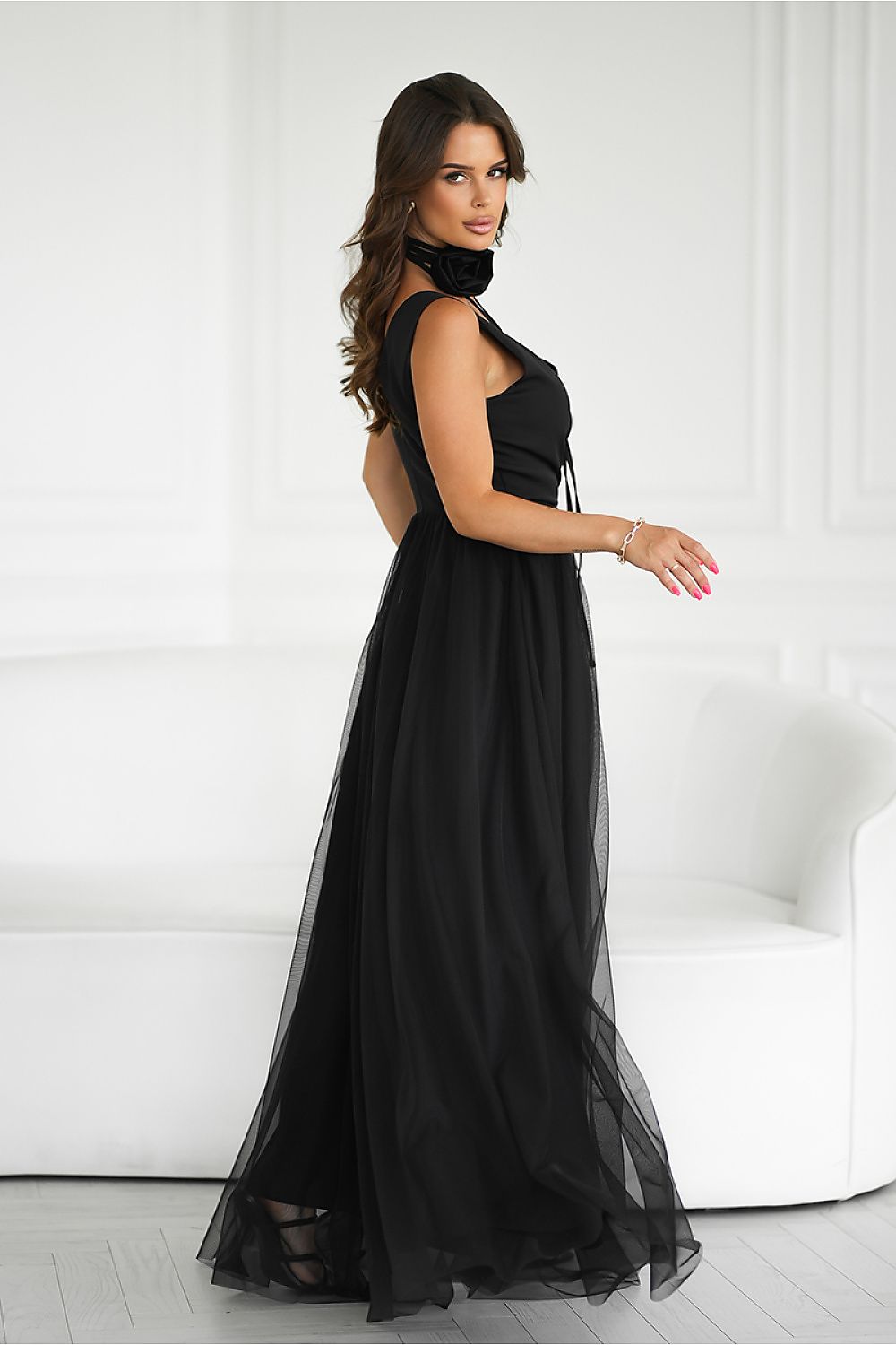 Elegant Long Dress by Bicotone with Slit and Versatile Rose Belt - Perfect for Any Occasion
