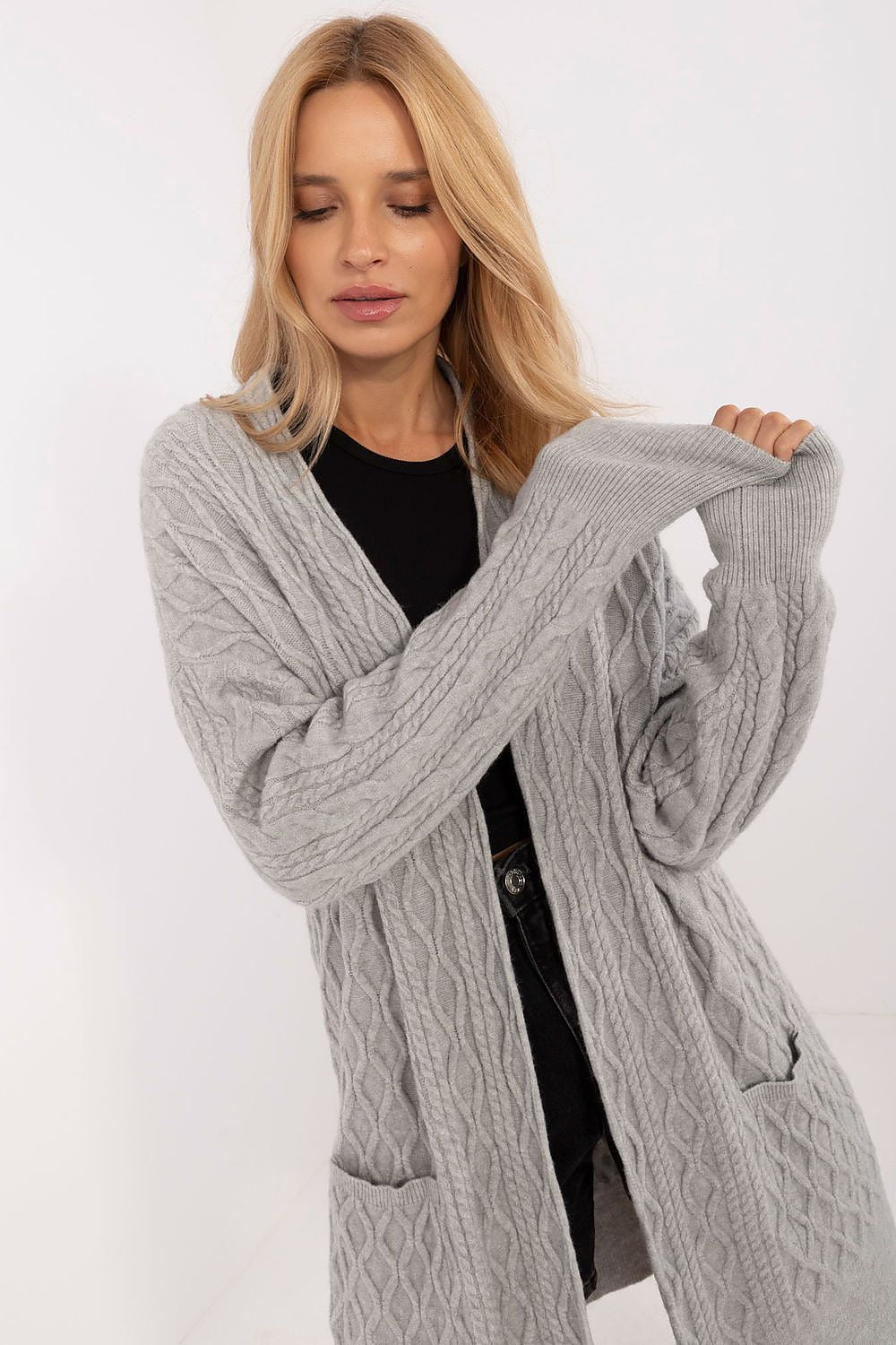 Elegant Long Unbuttoned Cardigan With Pockets - Soft Acrylic, Polyester, Polyamide Blend